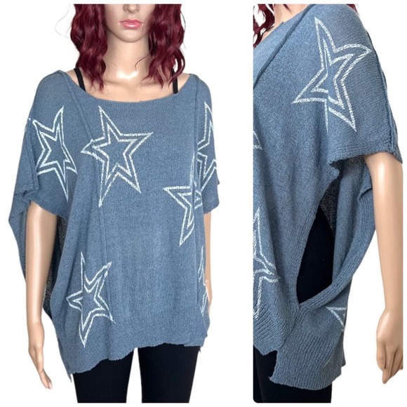 POL Star Knit Sweater Womens Medium Blue White Lightweight Short Sleeve - Picture 2 of 9